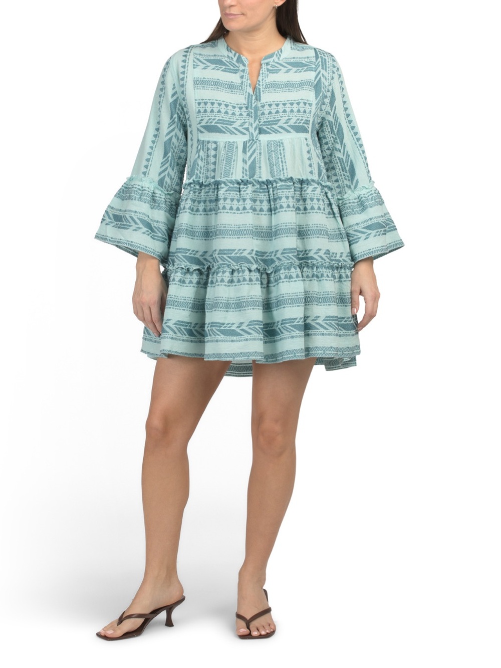 Elan Teal Patterned Tiered Mini Dress